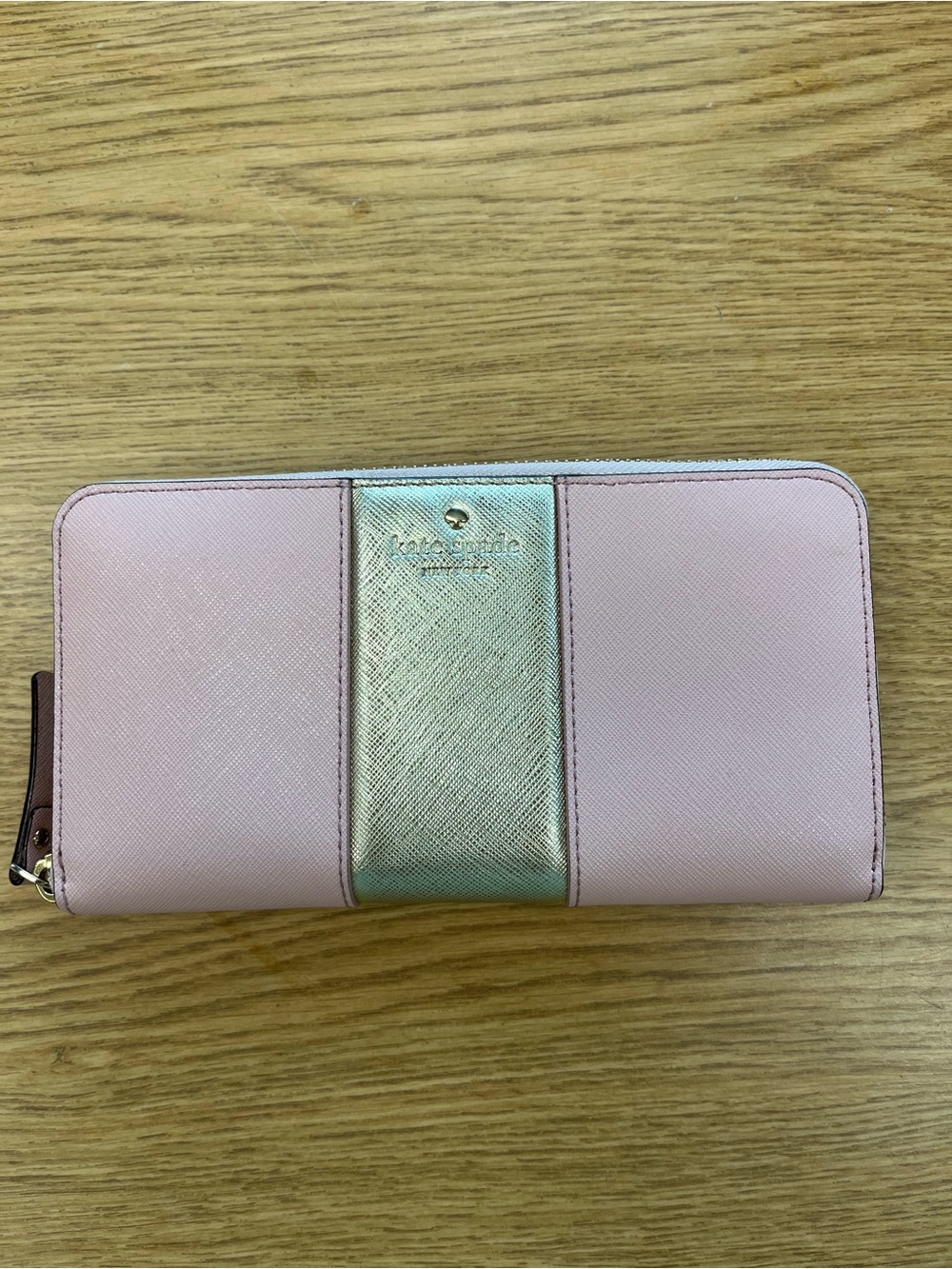kate spade pale pink wallet with metallic gold center panel